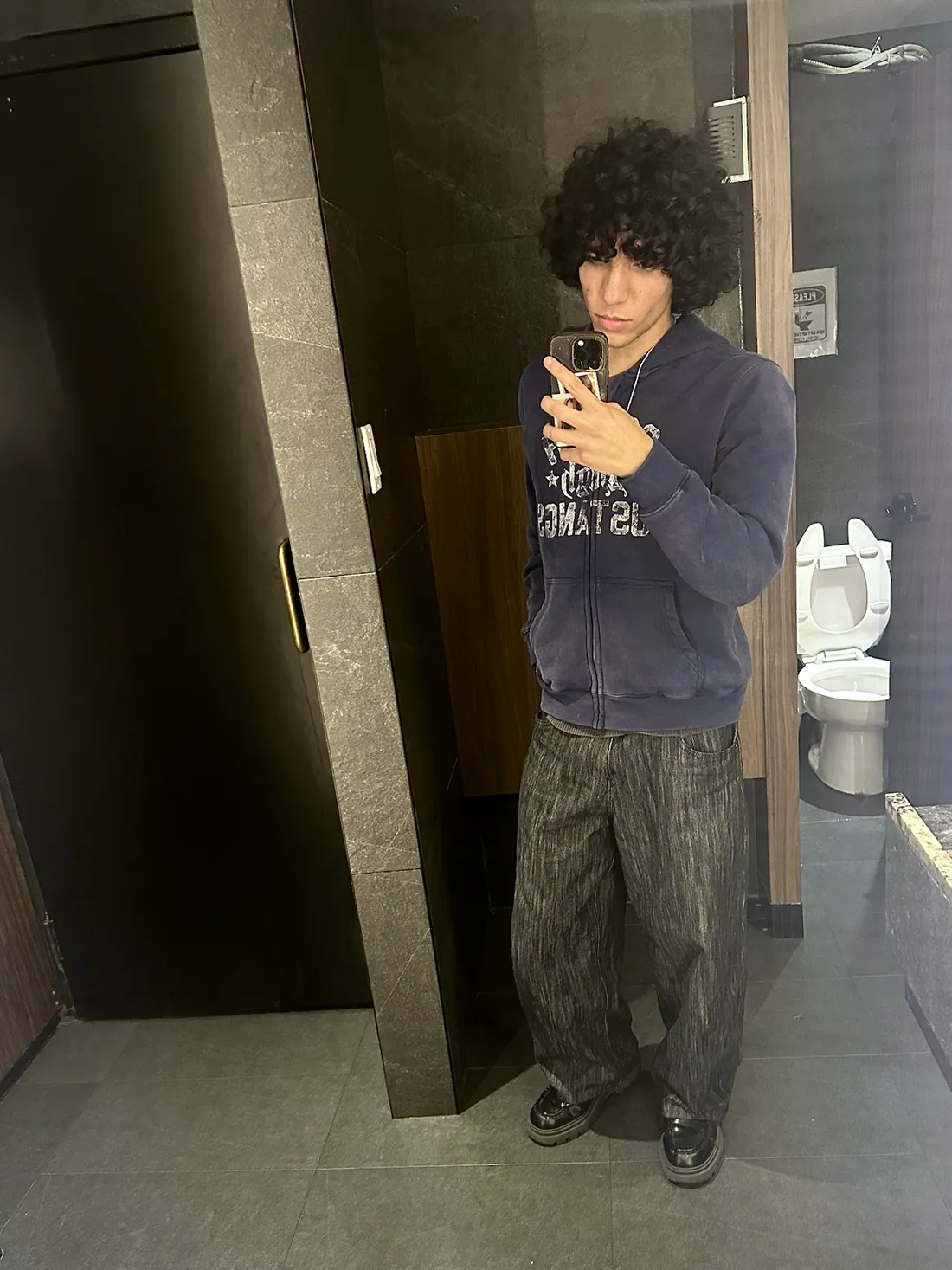 Fit A: navy hoodie and wide-leg pants